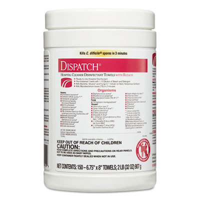 Dispatch Hospital Cleaner Disinfectant Towels w/Bleach, 1-Ply, 6.75 x 8, Unscented, White, 150/Canister, 8 Canisters/Carton